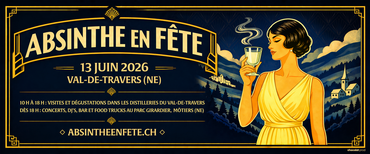 Art deco banner for Absinthe en Fete 2026, 13 June in the Val-de-Travers, showing a woman raising a glass of absinthe above the valley