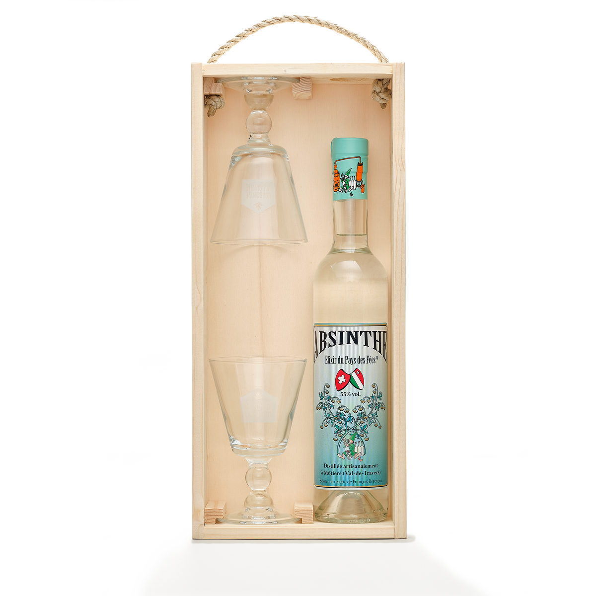 Tasting box set with 2 glasses and 1 absinthe bottle of 50cl
