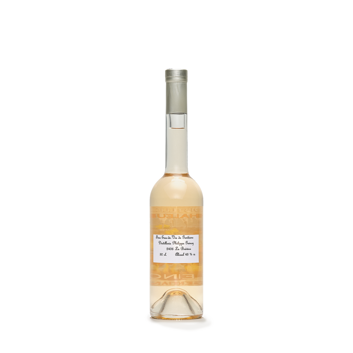 Distillerie La Chaleureuse Geinoz Gentiane bottle light caramel color back view