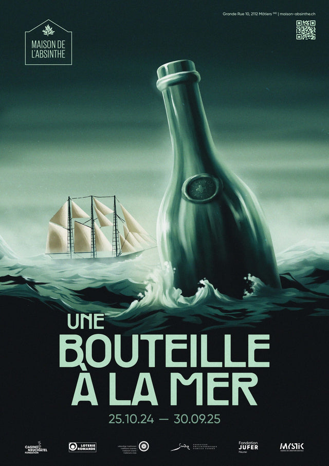 Poster for the exhibition Une bouteille a la mer, showing a sailing ship beside a giant absinthe bottle in the sea