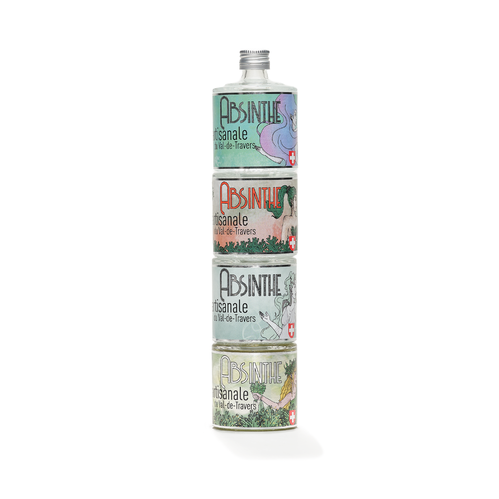 Distillerie Persoz set of 4: 1 absinthe blanche and 3 absinthes vertes stacked vertically