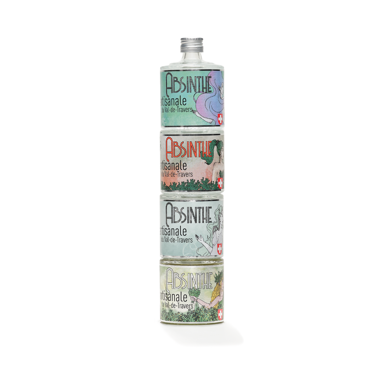 Distillerie Persoz set of 4: 1 absinthe blanche and 3 absinthes vertes stacked vertically
