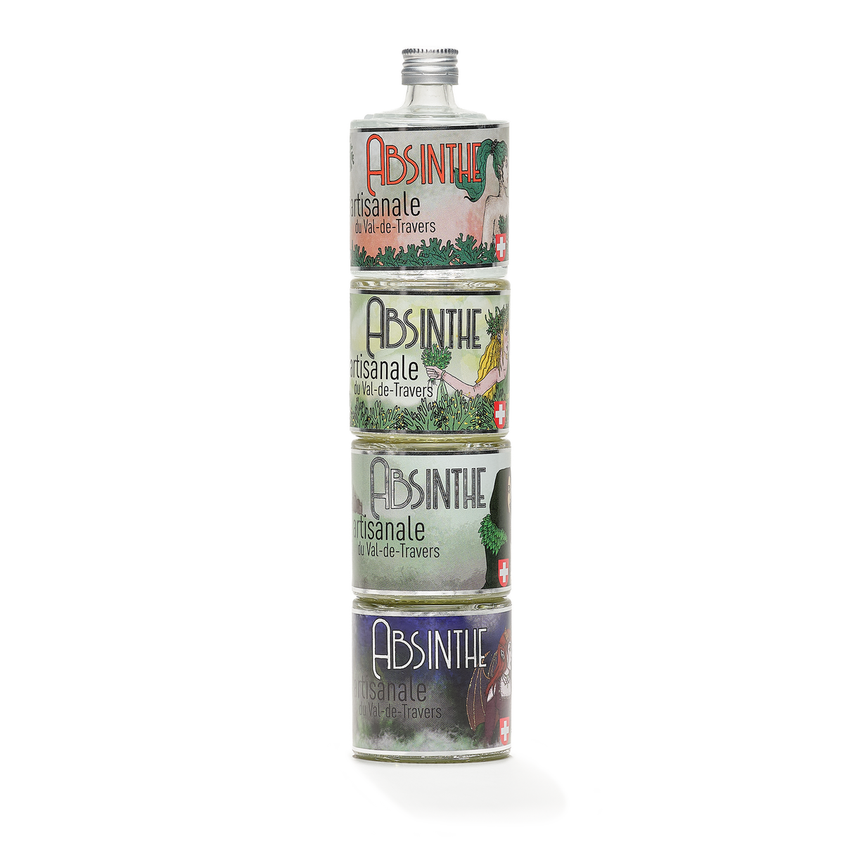 Distillerie Persoz set of 4: 1 absinthe blanche and 3 absinthes vertes stacked vertically