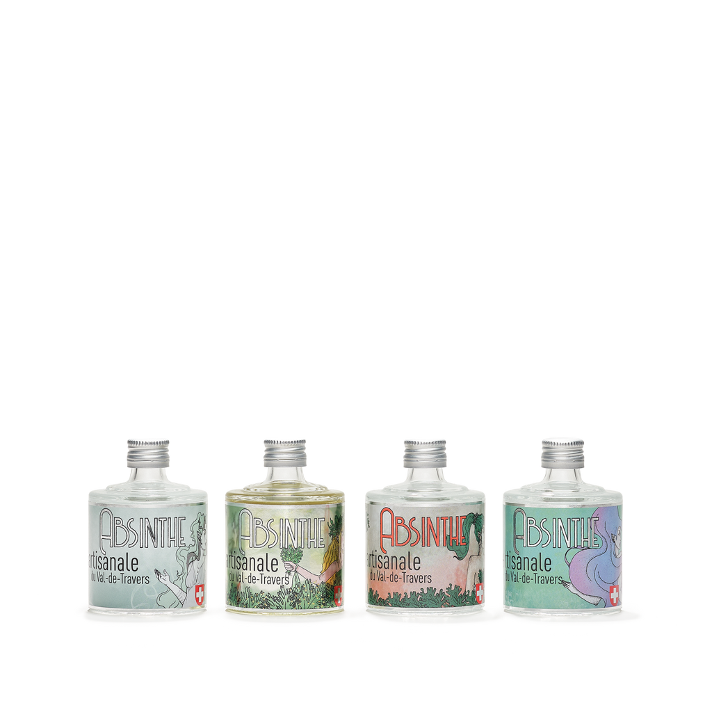 Distillerie Persoz set of 4: 3 absinthe blanche and 1 absinthes vertes stacked horizontally
