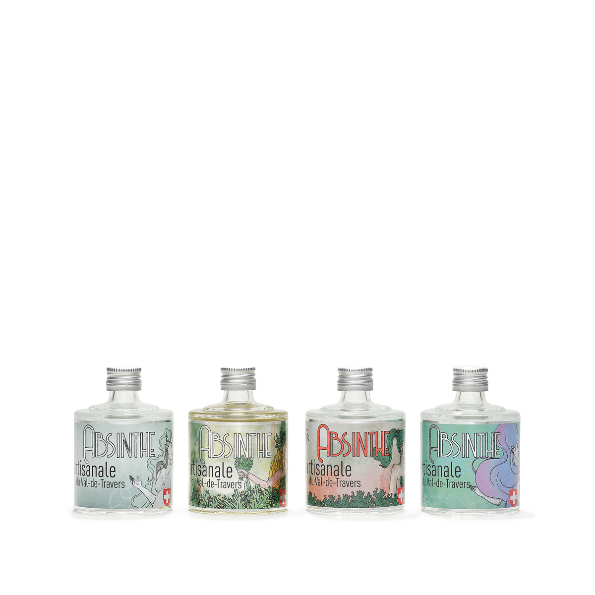 Distillerie Persoz set of 4: 3 absinthe blanche and 1 absinthes vertes stacked horizontally