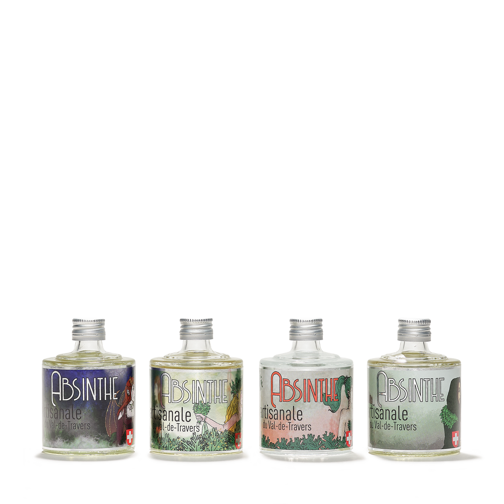 Distillerie Persoz set of 4: 3 absinthe blanche and 1 absinthes vertes stacked horizontally