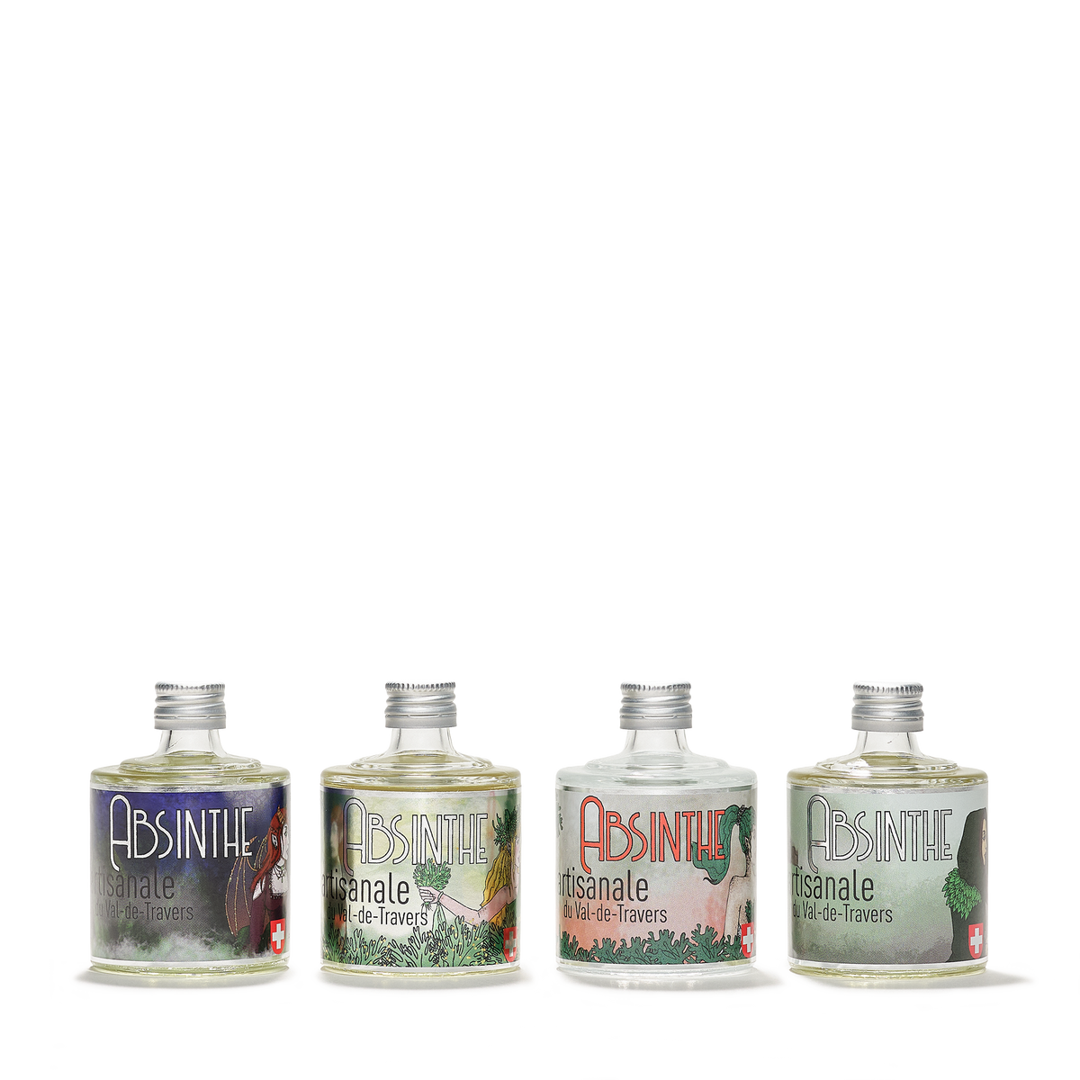 Distillerie Persoz set of 4: 3 absinthe blanche and 1 absinthes vertes stacked horizontally
