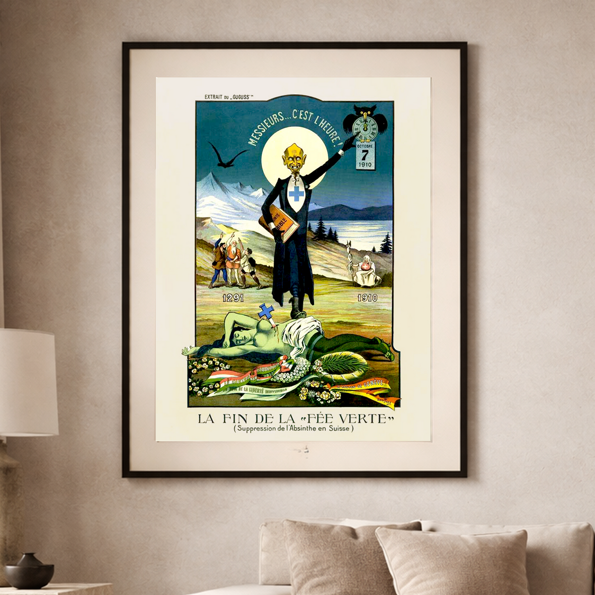 Vintage Fin de la Fée Verte End of the Green Fairy prohibition era poster as seen in a living room