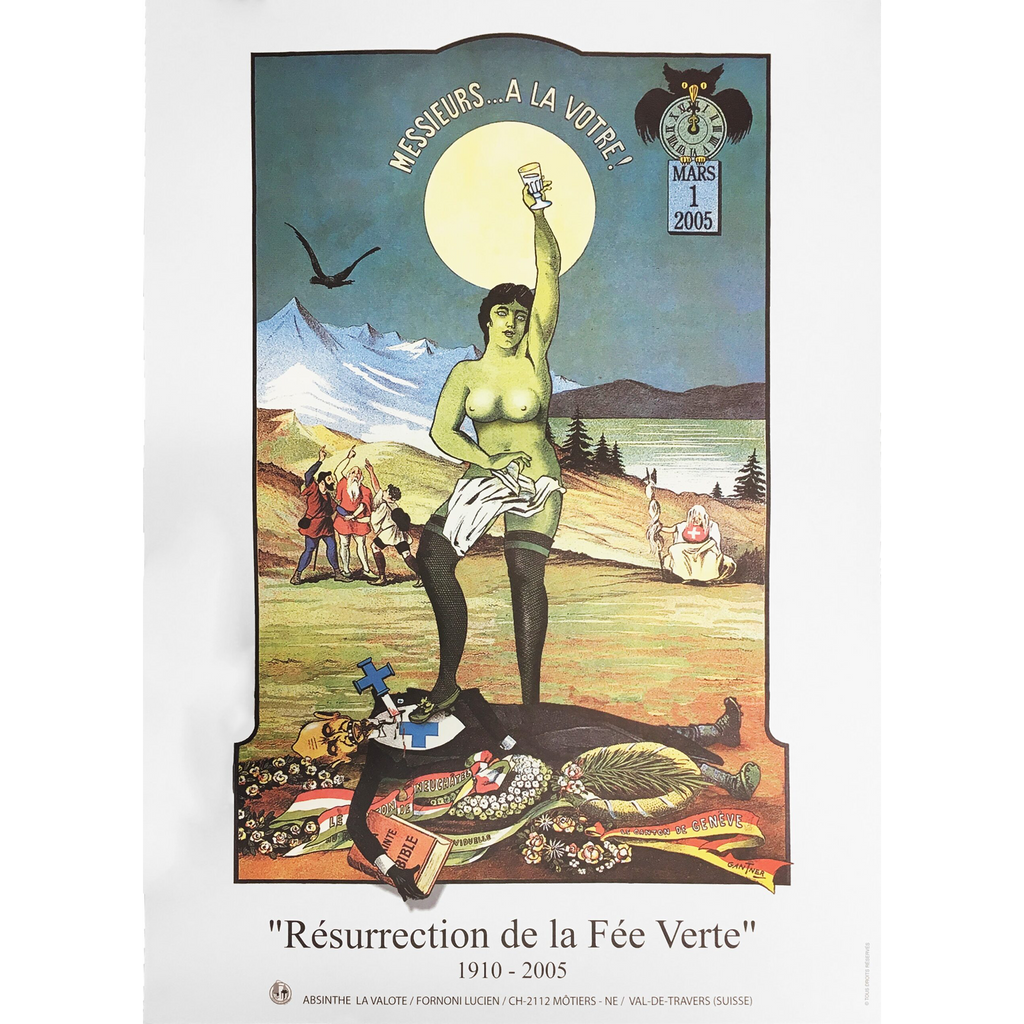 Poster commemorating the legalization of absinthe in Switzerland, referencing the classic vintage GUGUS poster