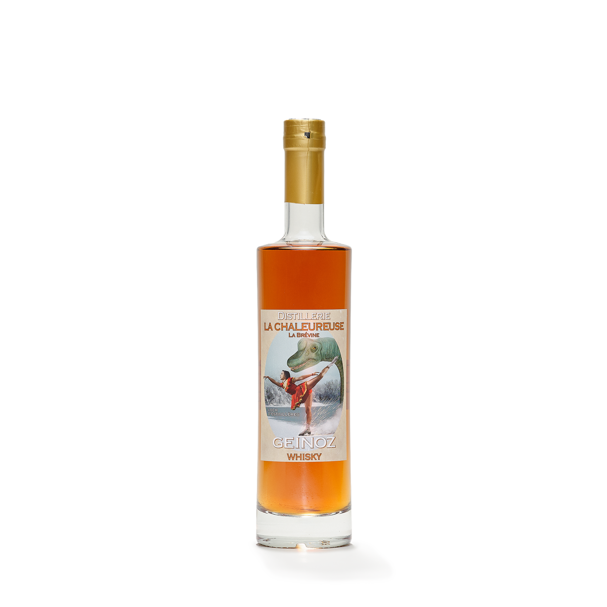 Distillerie La Chaleureuse Geinoz Whisky bottle caramel color front view