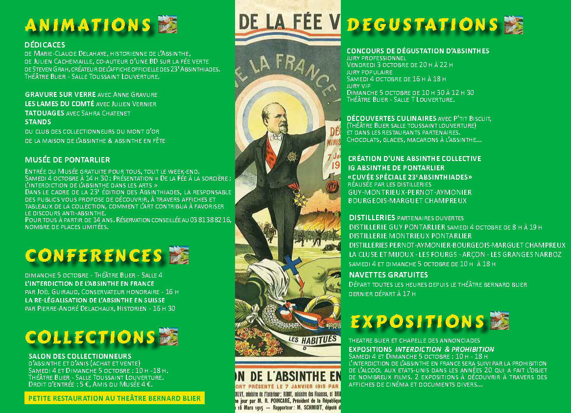 Programme leaflet for the 2025 Absinthiades in Pontarlier, listing talks, tastings and exhibitions
