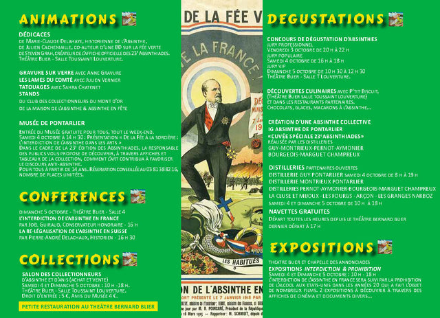 Programme leaflet for the 2025 Absinthiades in Pontarlier, listing talks, tastings and exhibitions