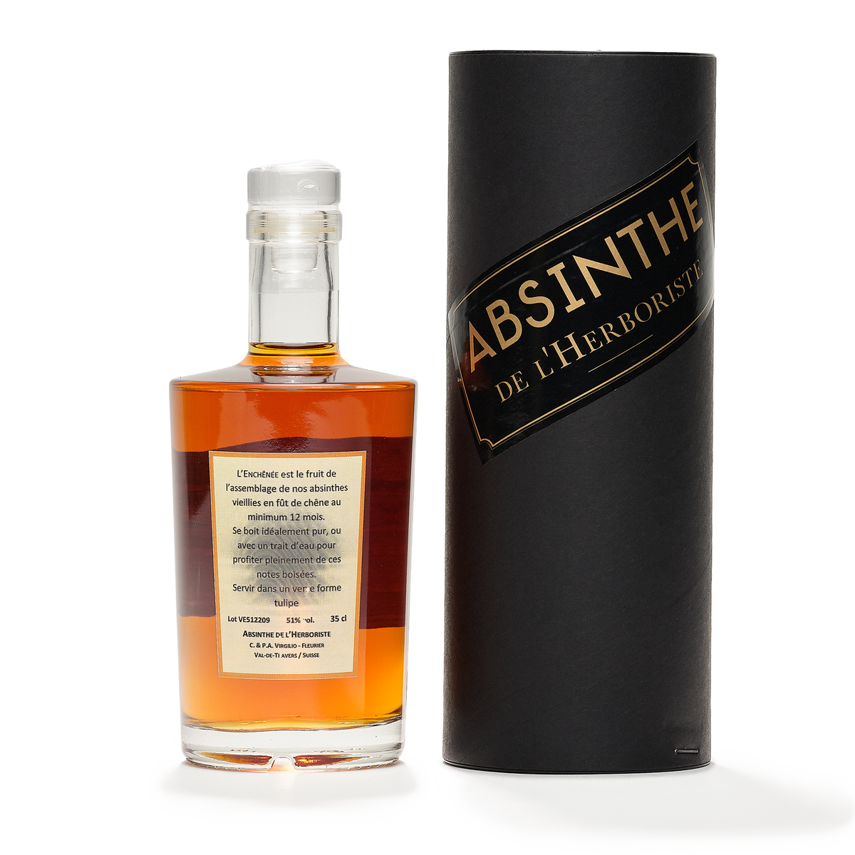 Distillerie L'Herboriste barrel-aged absinthe enchênée 50cl back view and pakcaging to the side