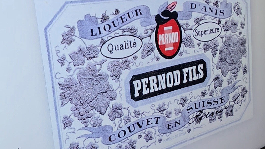 The historic Pernod Fils label: "Liqueur d'anis supérieure, Couvet en Suisse"